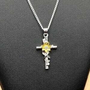 925 Silver Necklace w/ Yellow Sunflower Cross Pendant Anniversary Birthday Gift